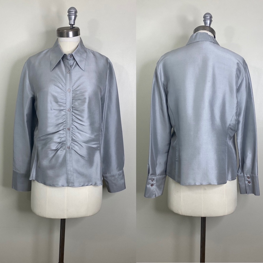STUDIO•JAX 100% SILK SILVER/GREY Ruched Button Up Blouse Size 14/Large